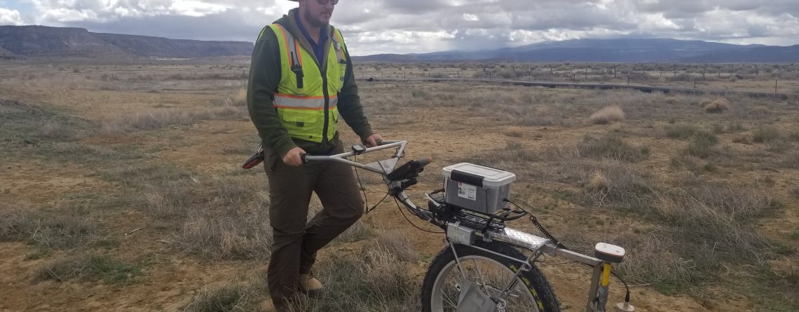 Person using a metal detector in an open field under cloudy skies.