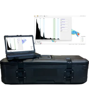 Rugged laptop atop black protective case.