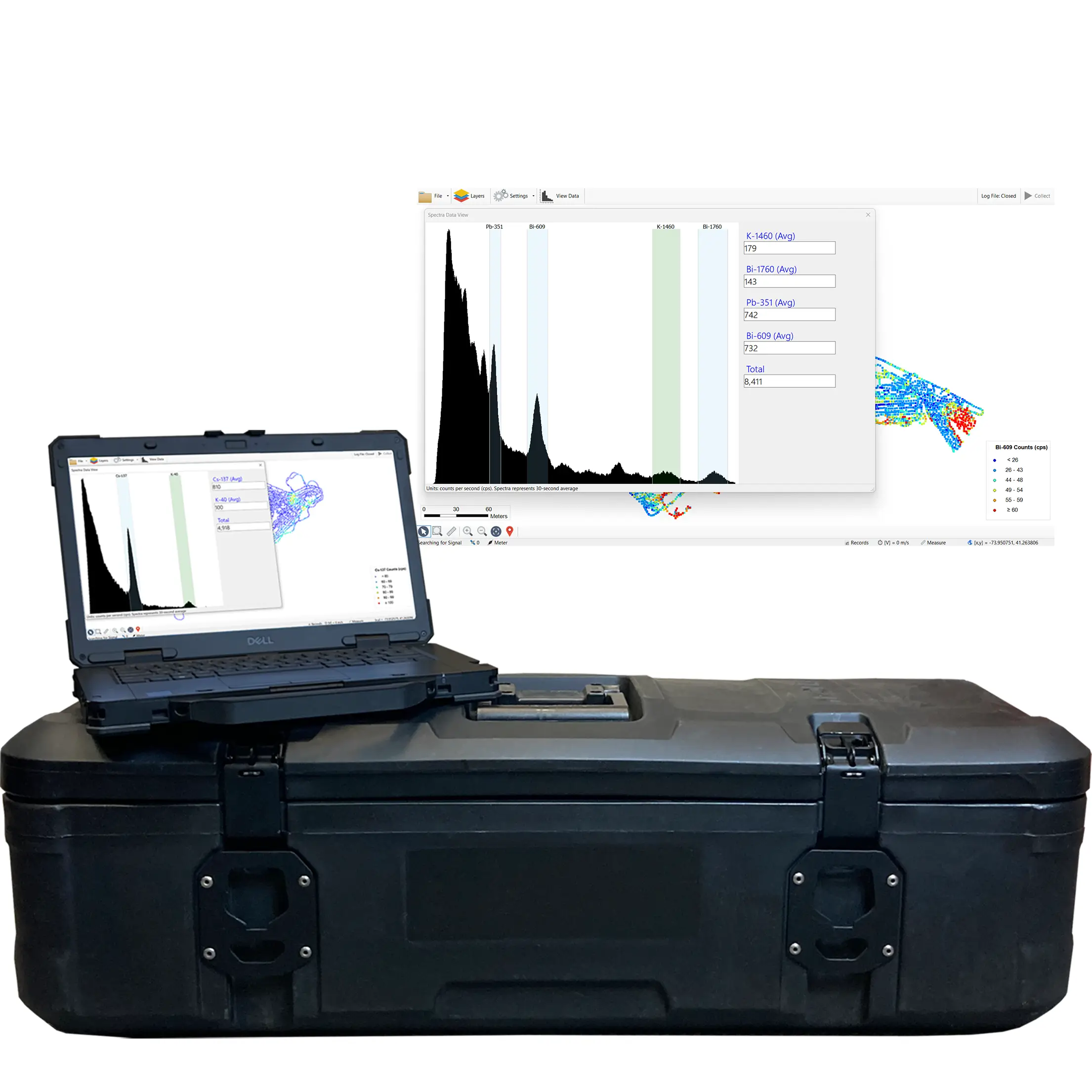 Rugged laptop atop black protective case.
